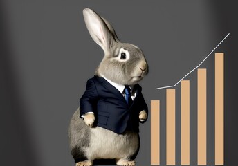 rabbit wearing a suit and standing in front of a chart or graph, showing the progress and success of a business venture (AI Generated)