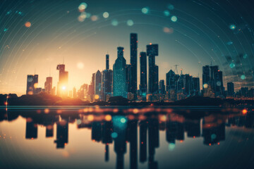 City skyline with network data conection on bokeh sunset background. Technology internet and business concept. Generative AI