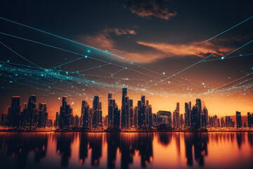 City skyline with network data conection on bokeh sunset background. Technology internet and business concept. Generative AI