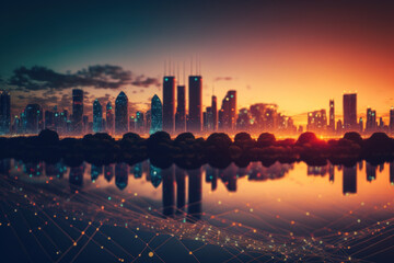 City skyline with network data conection on bokeh sunset background. Technology internet and business concept. Generative AI