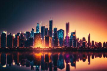 Fototapeta na wymiar City skyline with network data conection on bokeh sunset background. Technology internet and business concept. Generative AI