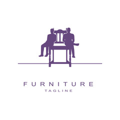 Two men sitting on a chair. Logo design isolated on white background. Furniture for home. Creative advertising brand promotion.