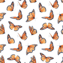 Beautiful vector autotraced seamless pattern with cute watercolor butterflies. Stock illustration.