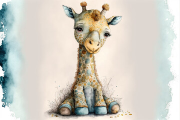 Fototapety  Baby giraffe sitting  watercolor, Generative AI
