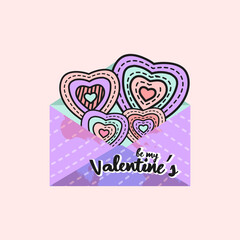 Valentine's greetings with illustrations of love letters and shapes with various patterns. Vector illustration