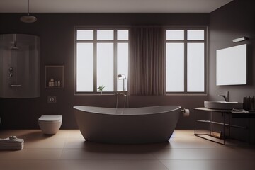Fototapeta na wymiar Luxury Modern Moody Bathroom Interior with Soaking Tub and Large Windows Made with Generative AI