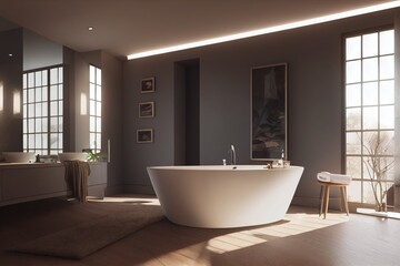 Naklejka na ściany i meble Luxury Modern Moody Bathroom Interior with Soaking Tub and Large Windows with Wall Art Made with Generative AI
