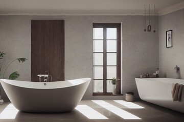 Naklejka na ściany i meble Luxury Modern Moody Bathroom Interior with Soaking Tub and Large Windows Made with Generative AI