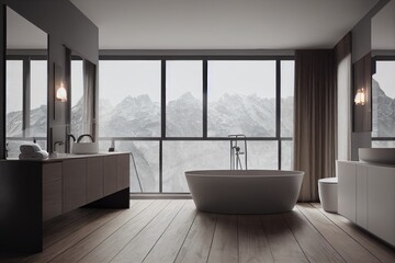 Fototapeta na wymiar Luxury Modern Bathroom Interior with Soaking Tub and Winter Mountain Views Made with Generative AI