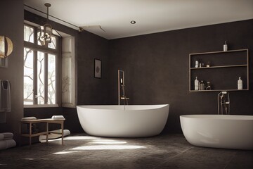 Naklejka na ściany i meble Luxury Modern Moody Bathroom Interior with Soaking Tub and Large Windows Made with Generative AI