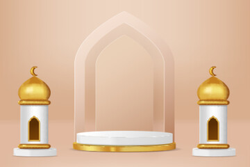 Islamic display podium decoration background with islamic ornament. Vector 3D Illustration
