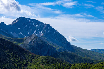 Fototapeta premium Asturian Mountains: Snowy Peaks and Verdant Forests