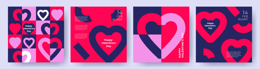 Happy Valentines Day cards, posters, covers set. Abstract minimal templates in modern geometric style with hearts pattern for celebration, decoration, branding, packaging, web and social media banners - obrazy, fototapety, plakaty
