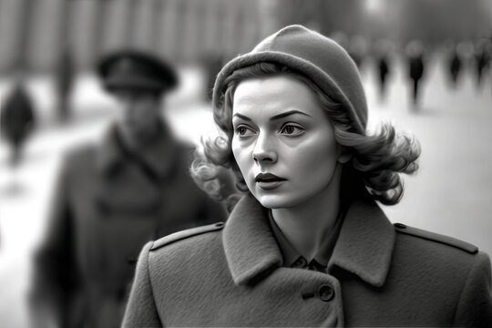young woman walking in Moscow in 1950. monochromatic vintage. This image was created with generative AI,