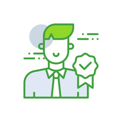 Qualification business people icon with green duotone style. Warranty, stamp, professional, course, paper, certification, scholarship. Vector illustration