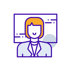 Presentation business people icon with purple and orange duotone style. Discussion, diagram, human, lecture, communication, speech, board. Vector illustration