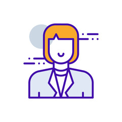 Business Woman business people icon with purple and orange duotone style. Girl, human, profile, avatar, face, user, lady. Vector illustration