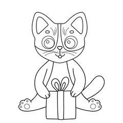 Vector illustration character cat with gift box. Outline funny cartoon kitty waving hand. Line sketch animal for coloring book isolated on white