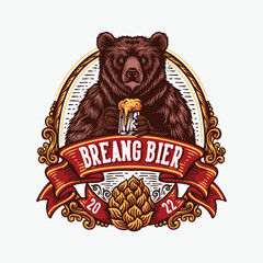 Vintage logo emblem bear holding glass of beer with classic ornament