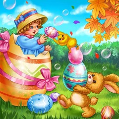 Happy Easter, illustration of a girl, duckling, bunny and easter egg