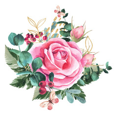 Fototapeta premium Romantic composition of pink roses, eucalyptus branches, golden branches and butterflies on a white background. Watercolor illustration.