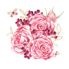 Romantic composition of pink roses, berriеs, golden branches and butterflies on a white background. Watercolor illustration.