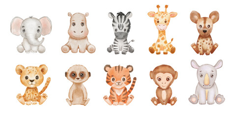 Cute baby watercolor african animals isolated on white background . Safari Animal elephant, cheetah and monkey sitting. Hand drawn illustration for kids. - obrazy, fototapety, plakaty