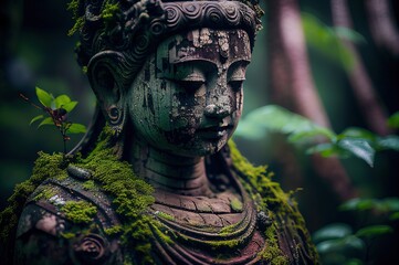 ancient buddha sculpture in the green forest, wallpaper, photo-realistic illustration of buddha statue, generative AI - obrazy, fototapety, plakaty