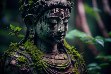  ancient buddha sculpture in the green forest, wallpaper, photo-realistic illustration of buddha statue, generative AI © Be Doa