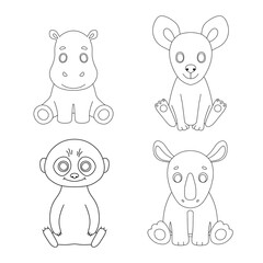 Cute baby hippo, suricata and rhino isolated on white background . Animal of Africa. Hand drawn outline illustration for coloring book.