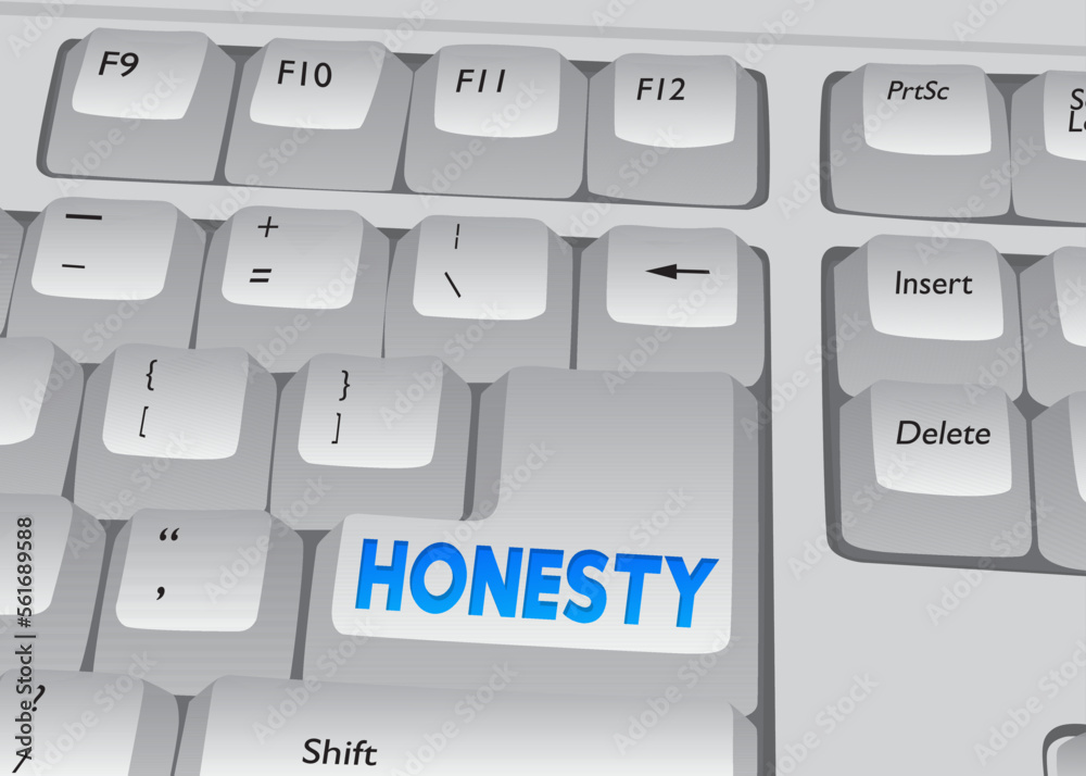 Poster computer keyboard with honesty text. close-up of an electronic computer device part, keypad.