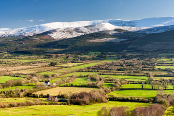 Green Fields and snow covered Galtee mountains in Ireland
