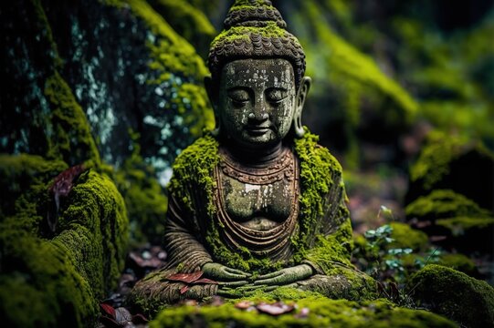 ancient buddha sculpture in the green rain forest, photo-realistic illustration of buddha statue, generative AI