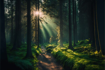 Fototapeta premium Beautiful bright sunlight throug the Forrest