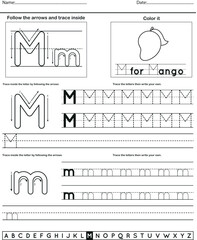 	
Alphabet tracing worksheet with letter and vocabulary M