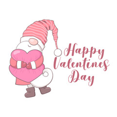 Happy Valentines Day vector card with cute hand drawn gnome and lettering isolated on white background. Illustration for banner, greeting card, t-shirt print, decoration, gift tag