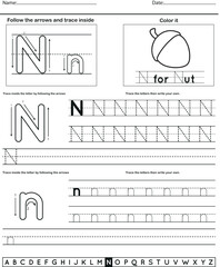 	
Alphabet tracing worksheet with letter and vocabulary N