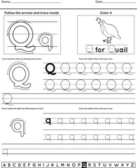 	
Alphabet tracing worksheet with letter and vocabulary Q