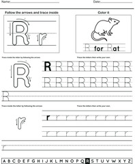 	
Alphabet tracing worksheet with letter and vocabulary R