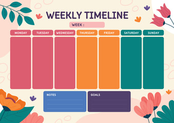 Weekly Timeline Planner of Business Project or Student Schedule with Floral Theme