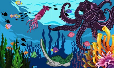 Obraz na płótnie Canvas Under the sea kraken turtle and fish