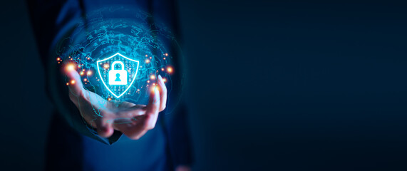 Businessman holding protection data shield icon. Secure Access System concept, Technology protection security antivirus concept.