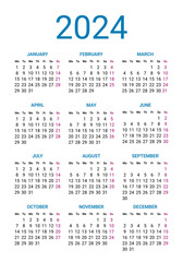 Calendar 2024 year, design template week starts on Sunday. Simple style year pocket or wall calendar template, corporate design planner template vector illustration