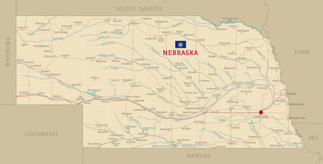 Road map of Nebraska, US American federal state. Editable highly detailed transportation map of Nebraska with highways and interstate roads, rivers and cities vector illustration
