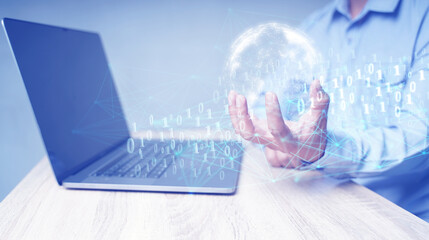 Blockchain technology and blockchain network business banner ideas Global cryptocurrency blockchain title. Blockchain title side view with 0's and 1's flying on top. image of investors