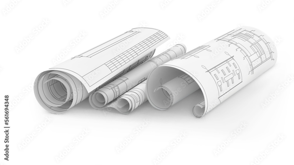 Poster Rolls of paper with blueprints lie on a white background. Vector illustration