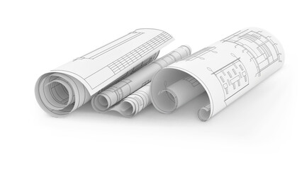 Rolls of paper with blueprints lie on a white background. Vector illustration