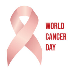 Card on white background Large pink satin ribbon and red inscription World Cancer Day