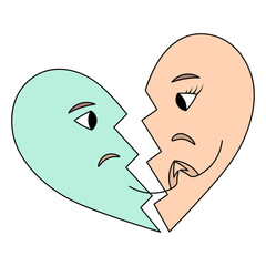 Two halves of a broken heart. A crack in the middle of the symbol of love. Touch with hands. Color vector illustration. Isolated background. Cartoon style. Broken love. Valentine's day. 