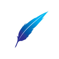 Vintage blue feather quill pen. Ancient stationery vector isolated.